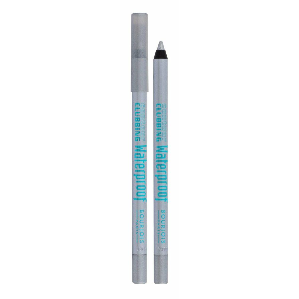 Due matite occhi argento con cappucci. Scritta: Waterproof, Bourjois. Punte grigie.