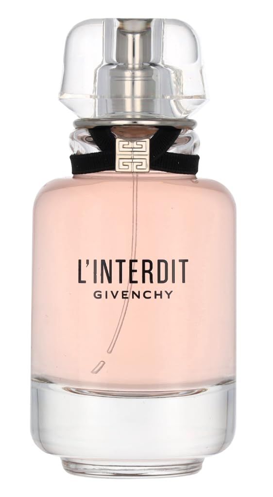 Flacone di profumo con liquido rosa, nastro nero e tappo argento. Scritta L'Interdit Givenchy.