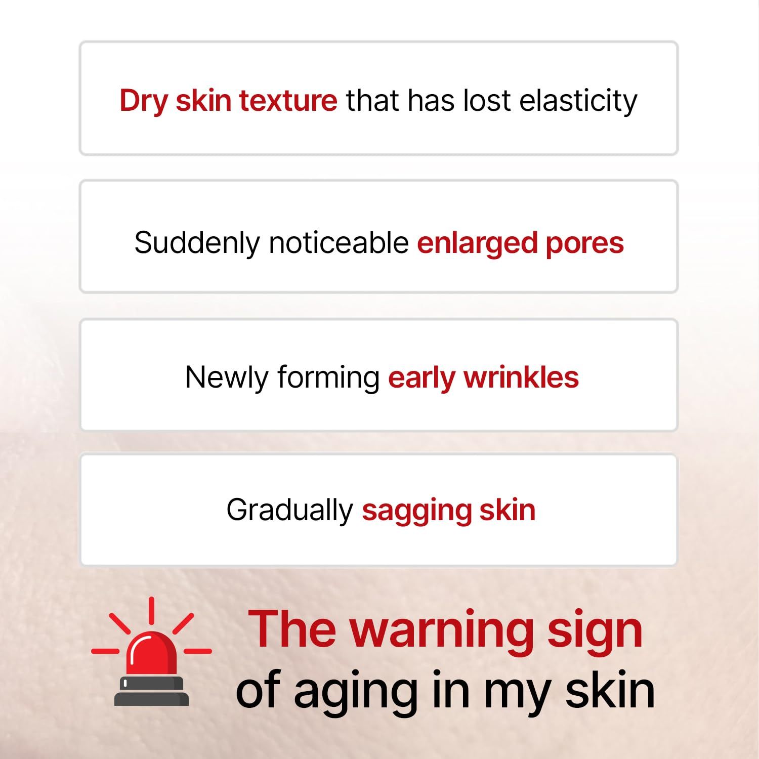 Testo su sfondo rosso: Segni dell'invecchiamento cutaneo. Pelle secca, pori dilatati, rughe, pelle cadente.