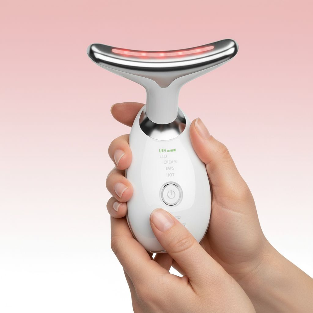 Dispositivo bianco con testa curva, tenuto in mano. Striscia luminosa rossa sulla testa, display LED. Sfondo rosa.