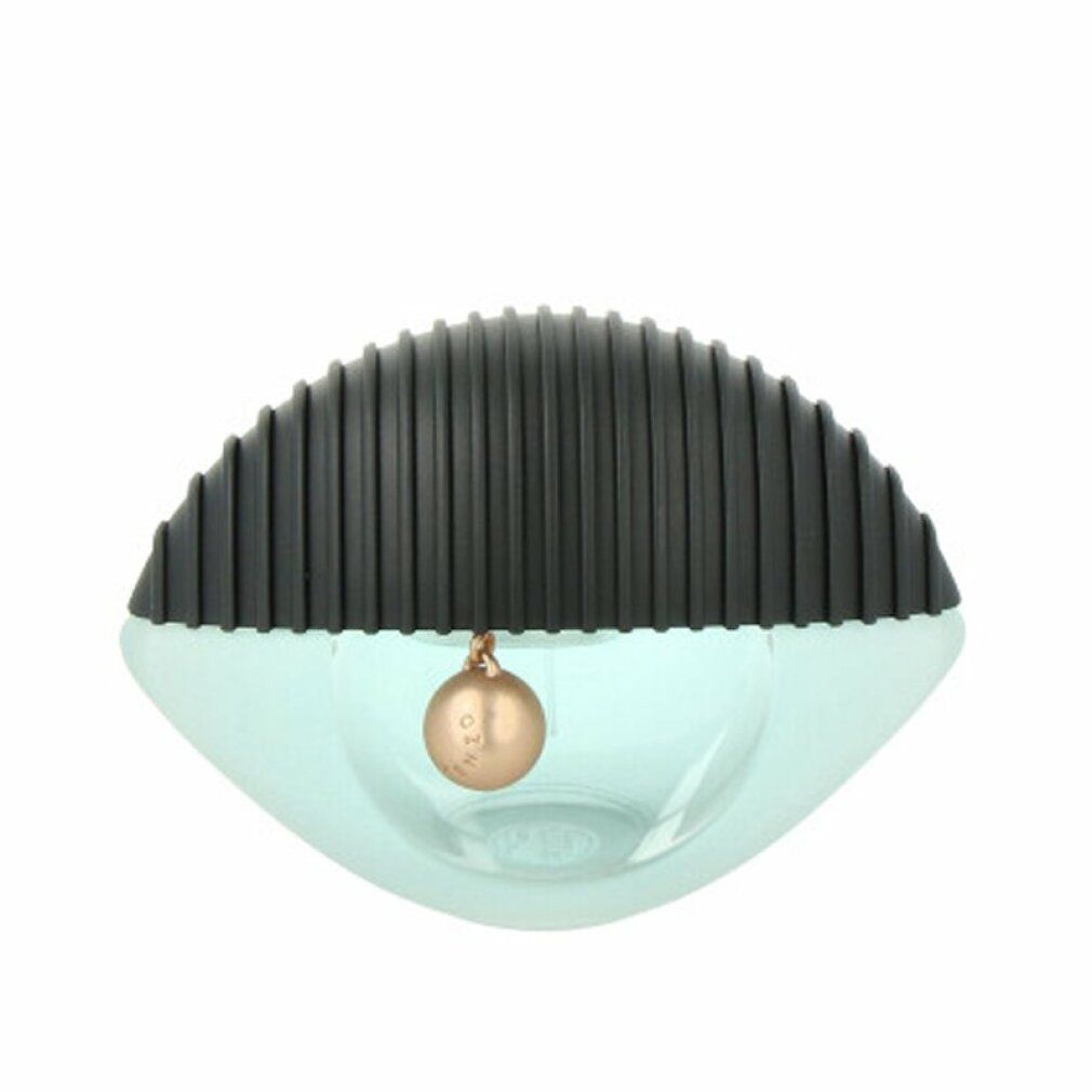 Flacone di profumo azzurro a forma di occhio, tappo nero, pendente dorato.