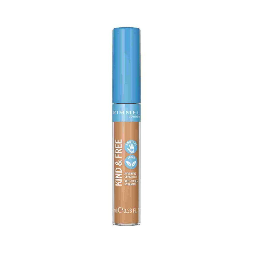 Tubo correttore con tappo blu. Scritta KIND & FREE, Rimmel London. Tonalità 30-Medium. Sigillo vegano.
