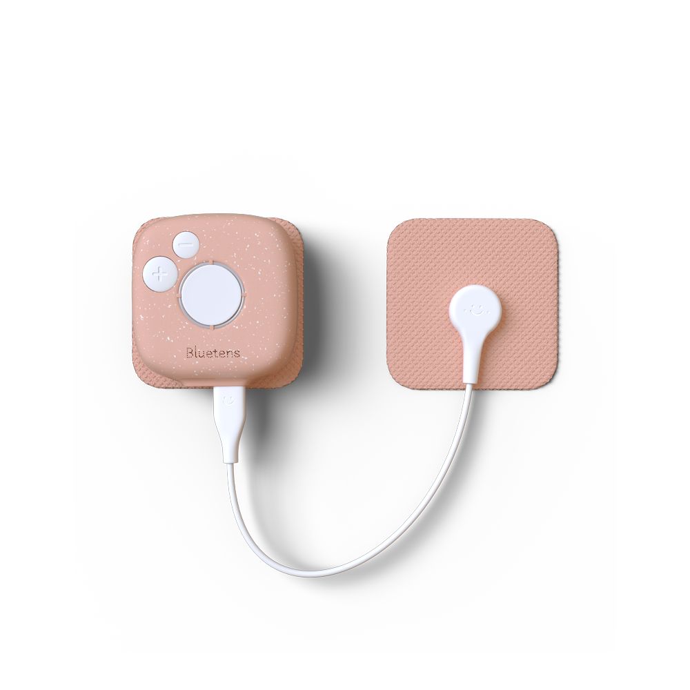 Dispositivo Pinktens rosa con un singolo elettrodo su sfondo bianco.