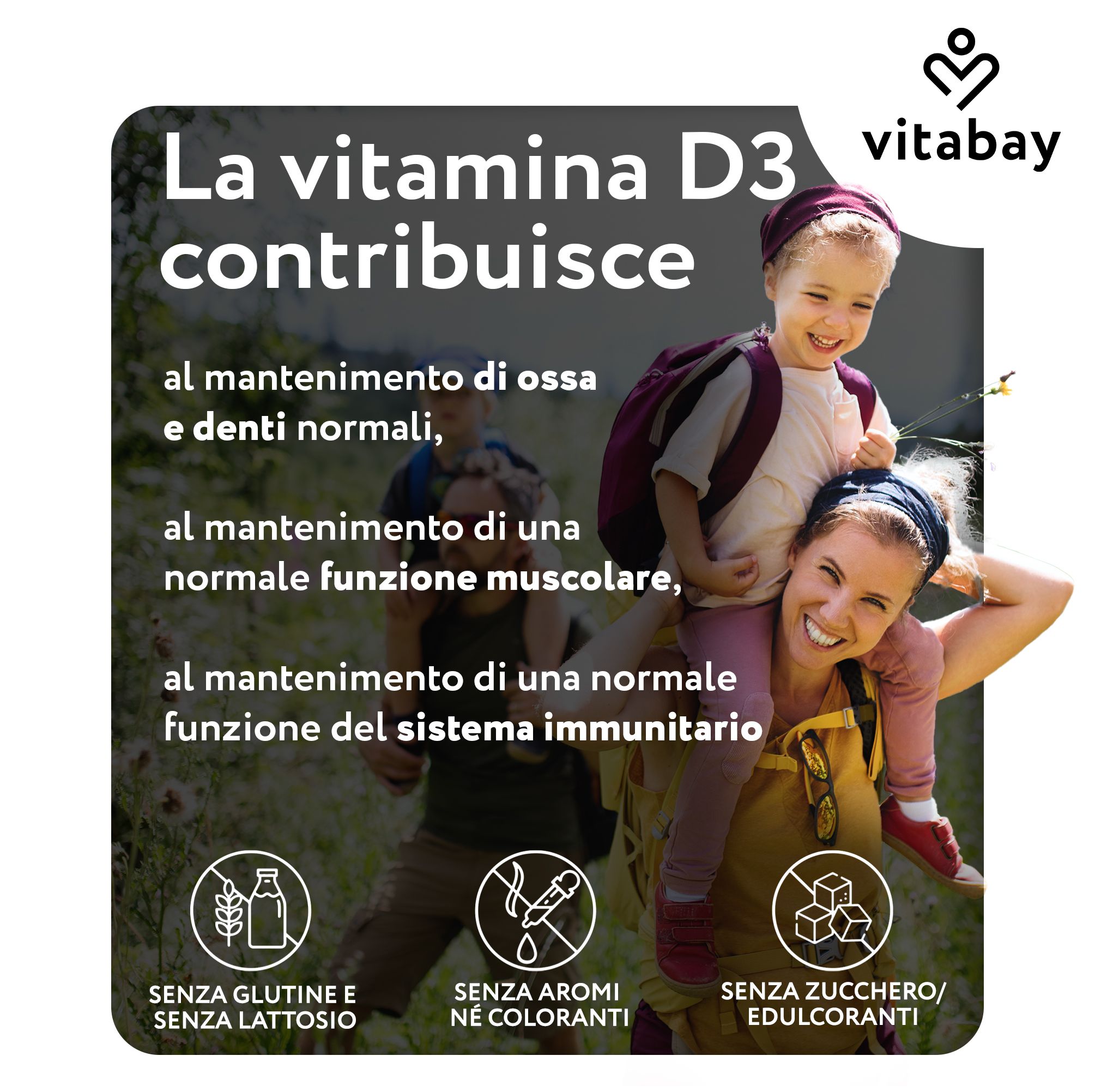 Madre con bambino sulle spalle. Vitabay Vitamina D3 K2. "Contribuisce al mantenimento di ossa e denti normali".
