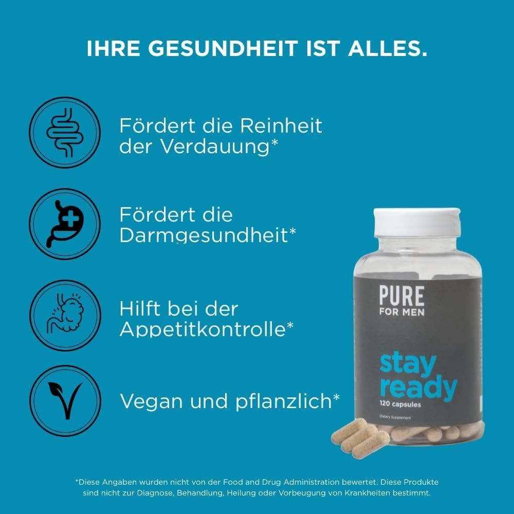 Sfondo blu con testo e illustrazioni. Un flacone "PURE FOR MEN Stay Ready" e capsule.