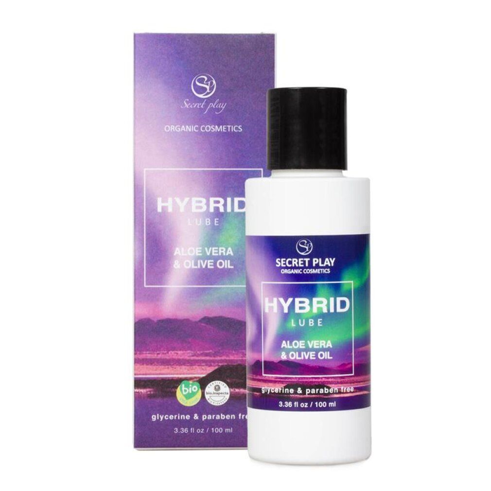 Flacone e scatola di Hybrid Lube, 100 ml, con aloe vera e olio d'oliva. Senza glicerina e parabeni.