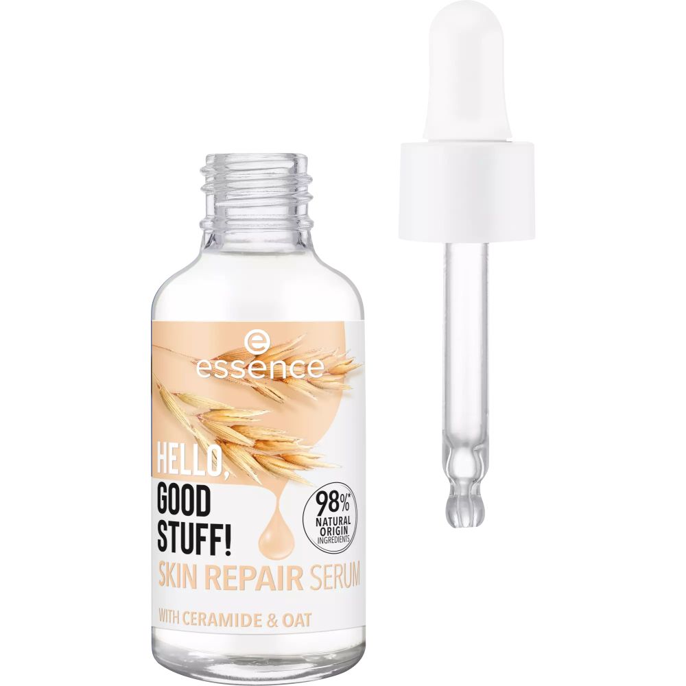 Flacone di siero con pipetta accanto. Scritta: Hello, Good Stuff! Skin Repair Serum. Con Ceramide & Avena. 98% origine naturale.