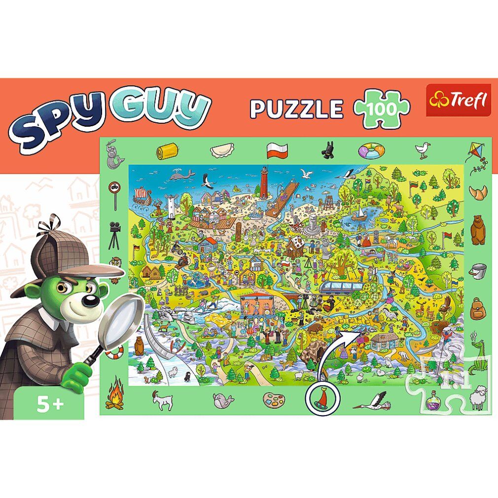 Puzzle con ricerca di immagini. Motivo Spy Guy. 100 pezzi. Confezione con illustrazione Spy Guy e vista del puzzle. Età: 5+