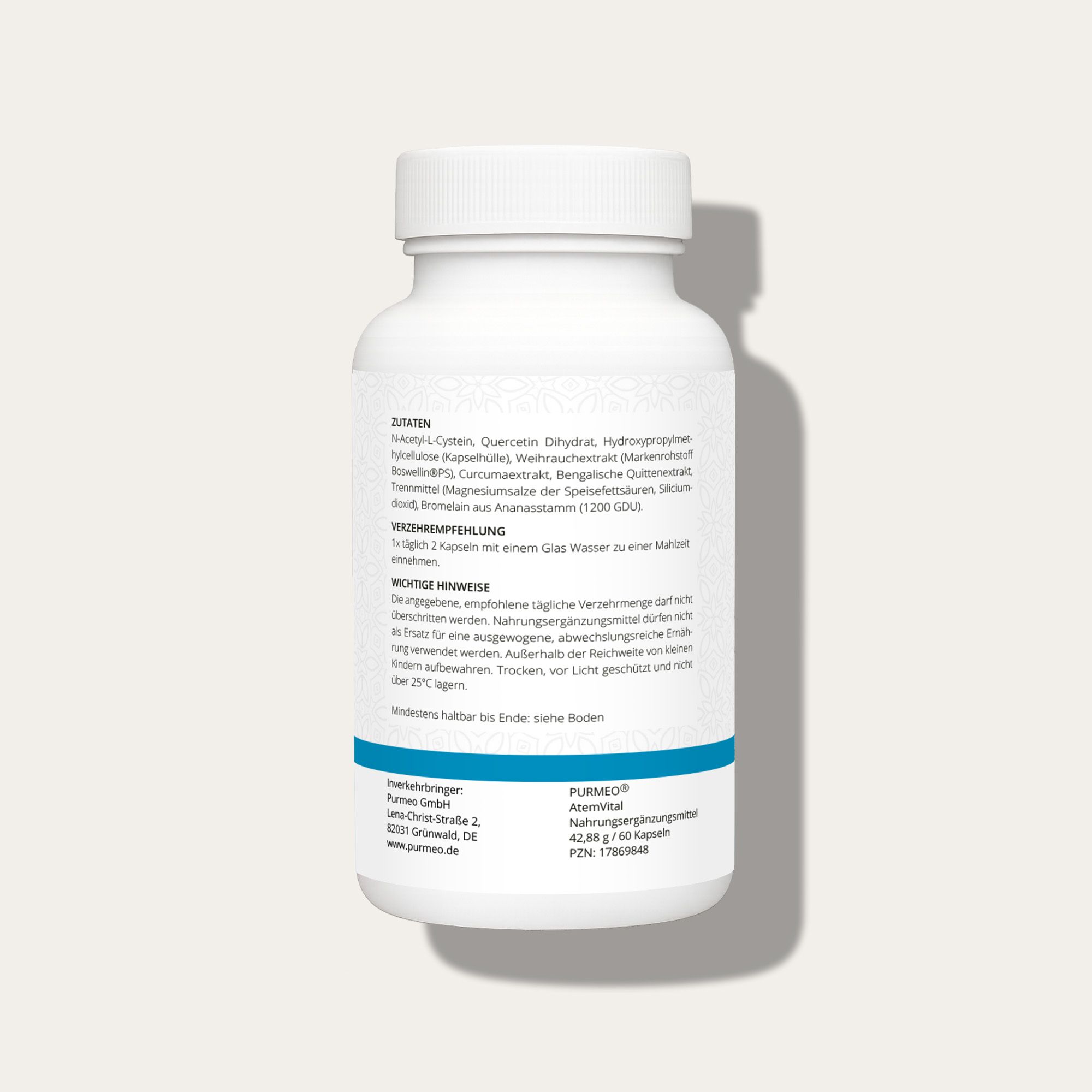 Flacone bianco con testo blu. Contiene informazioni sugli ingredienti, istruzioni per l'uso e dettagli del produttore.