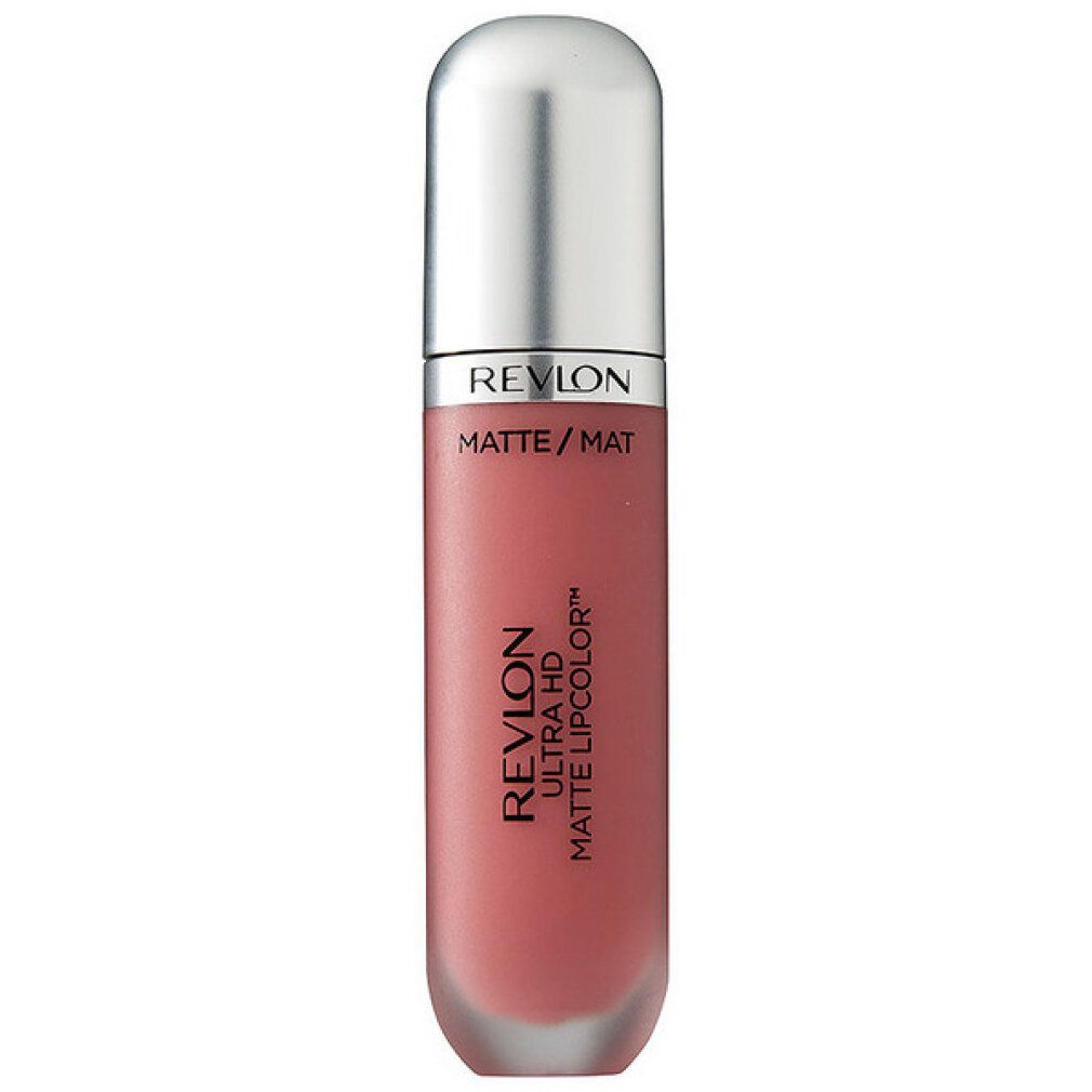 Revlon Ultra HD Matte Lipcolor. Flacone chiuso. Colore rosa. Tappo argentato, collo nero. Nome del prodotto e marchio visibili.