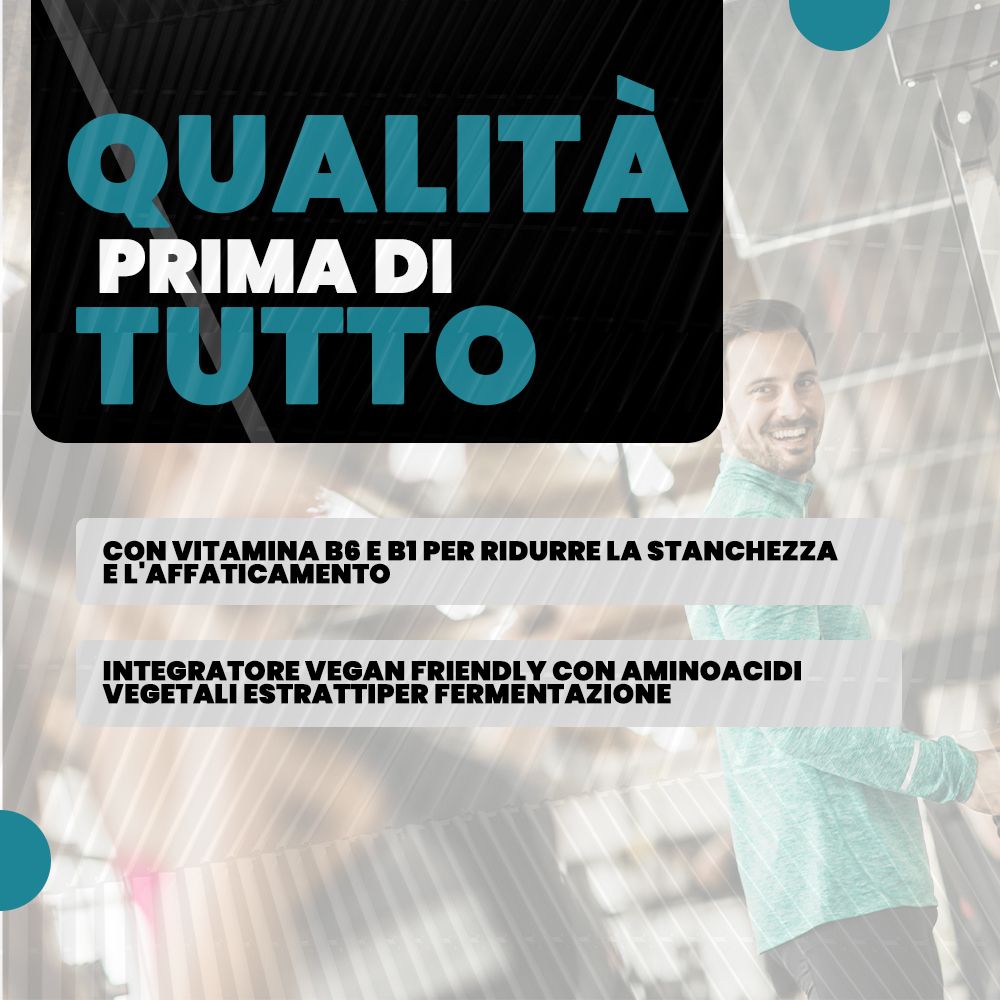 Testo: Qualità prima di tutto. Con vitamina B6 e B1 per ridurre la stanchezza. Vegano con aminoacidi.