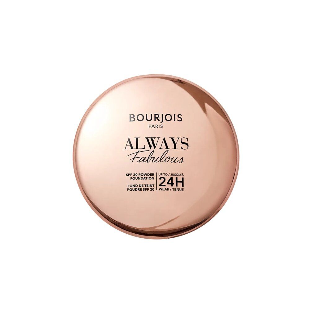 Cipria compatta color oro rosa aperta. Interno: polvere giallo chiaro. Scritta: Bourjois Paris, Always Fabulous, 24H.