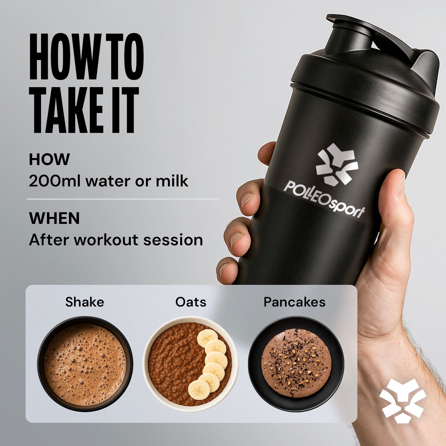 Shaker nero PolleoSport, accanto a tre rappresentazioni di preparazioni proteiche.