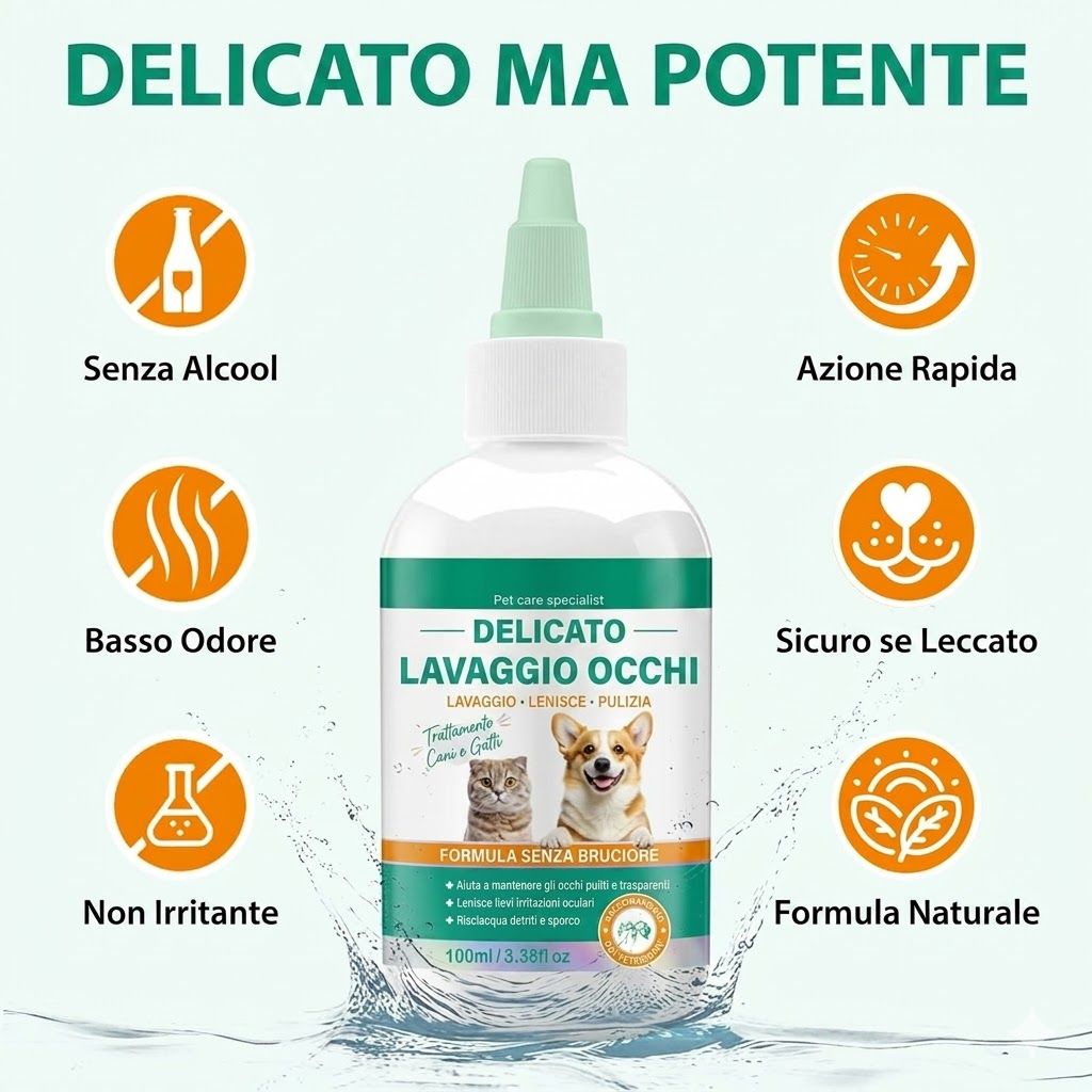 Flacone di lavaggio oculare con caratteristiche: senza alcol, ad azione rapida, a basso odore, sicuro, non irritante, formula naturale.