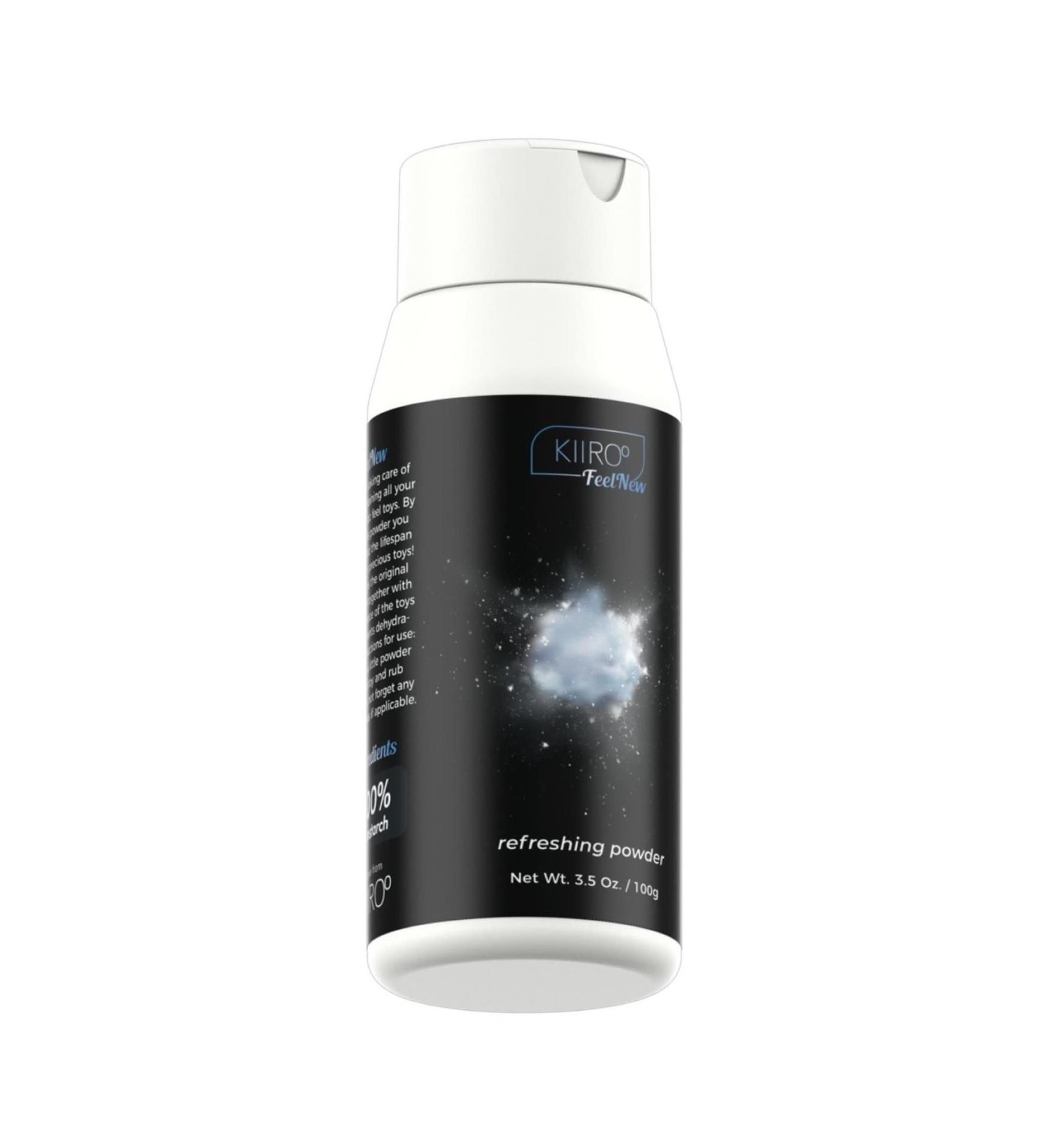 Flacone bianco e nero con tappo bianco. Scritta: Kiiroo FeelNew, refreshing powder. Peso netto 3.5 oz./100g. Motivo a stelle.