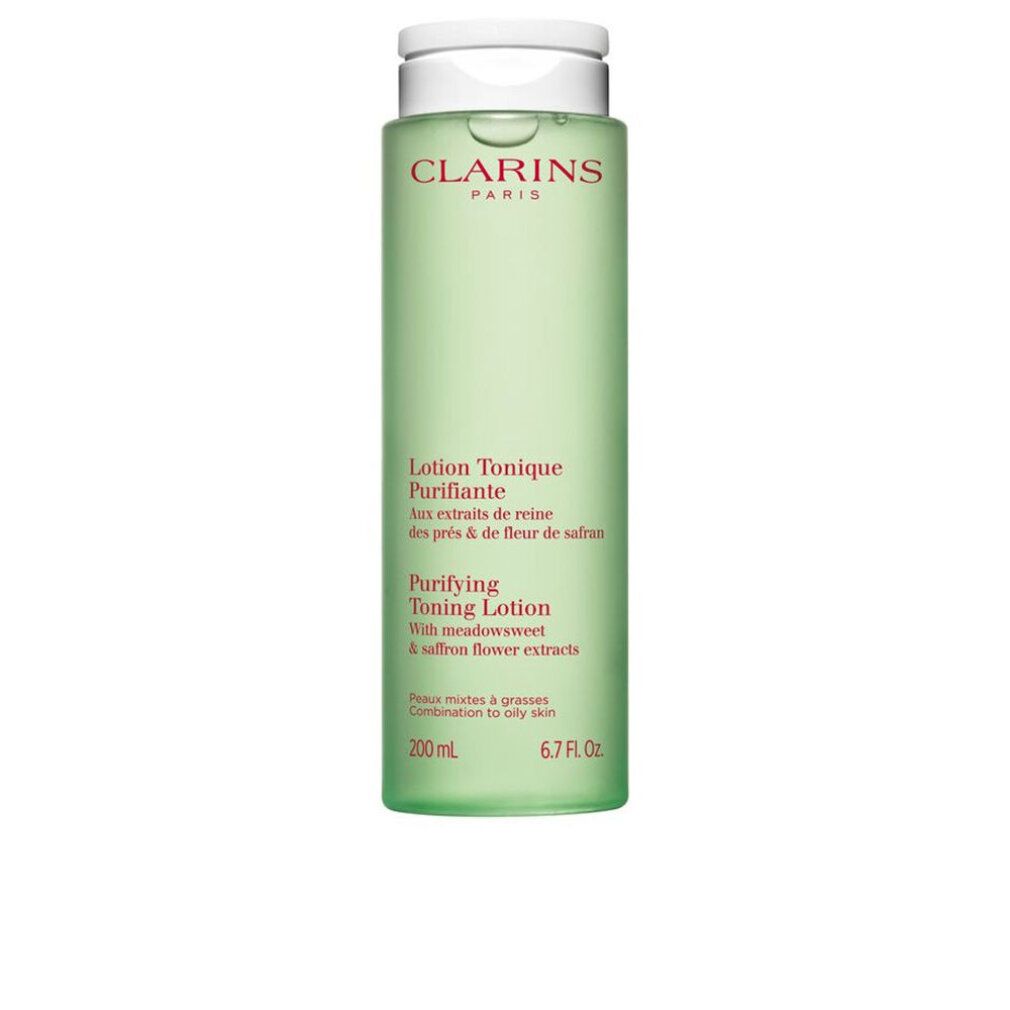 Flacone verde con tappo bianco. Testo: Clarins, Lotion Tonique Purifiante, Purifying Toning Lotion.