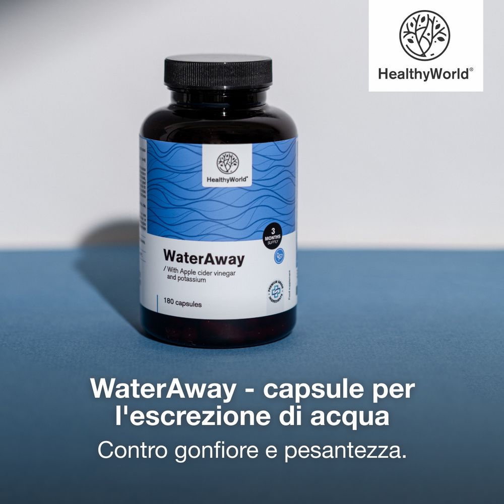 Flacone WaterAway, 180 capsule. Logo: HealthyWorld. Testo: WaterAway - capsule per l'escrizione. Sfondo blu.
