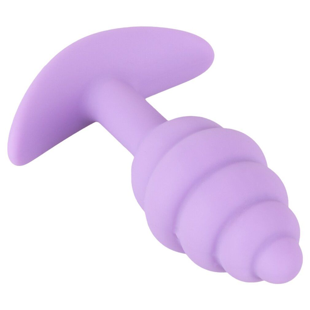 Plug anale viola, punta scanalata, base a T. Realizzato in silicone.