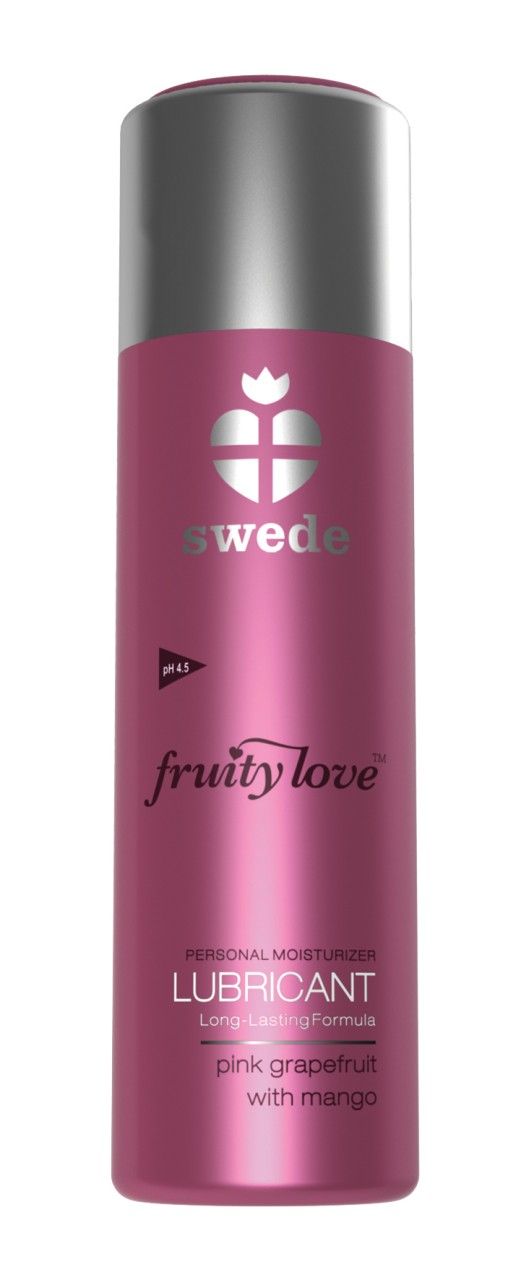 Due flaconi di lubrificante Swede Fruity Love: uno rosa, uno più piccolo con applicatore argentato.