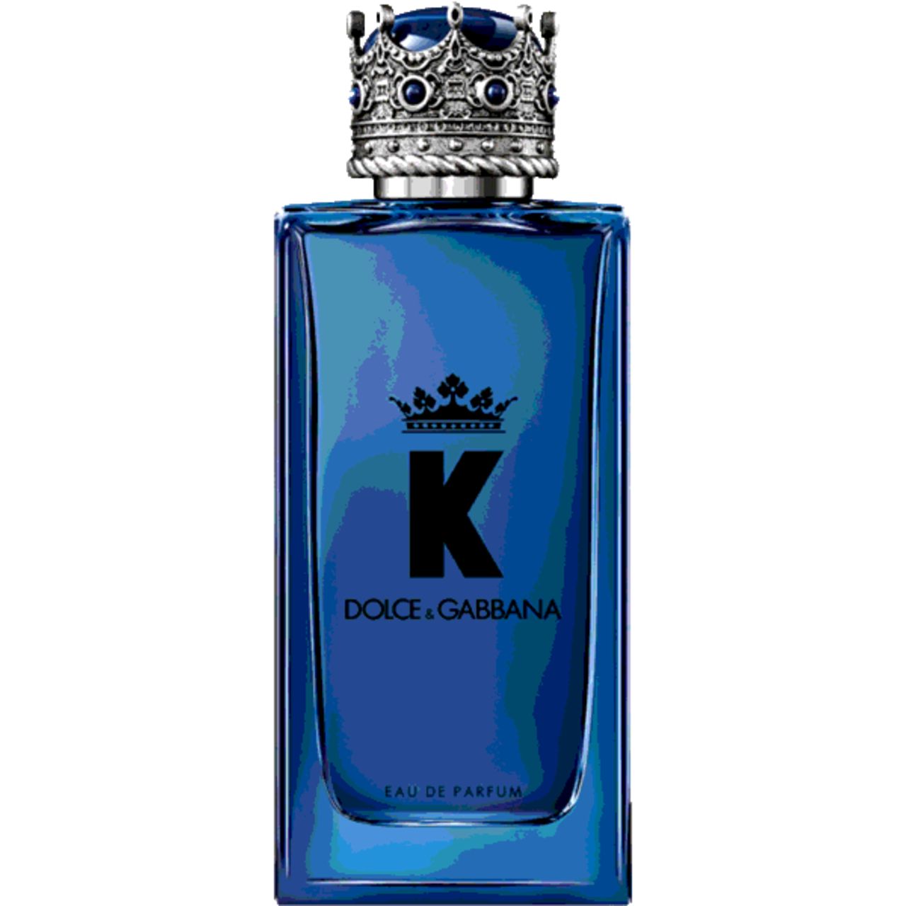 Flacone di profumo blu con corona argentata. "K" nero e logo "Dolce & Gabbana". "Eau de Parfum" sotto.