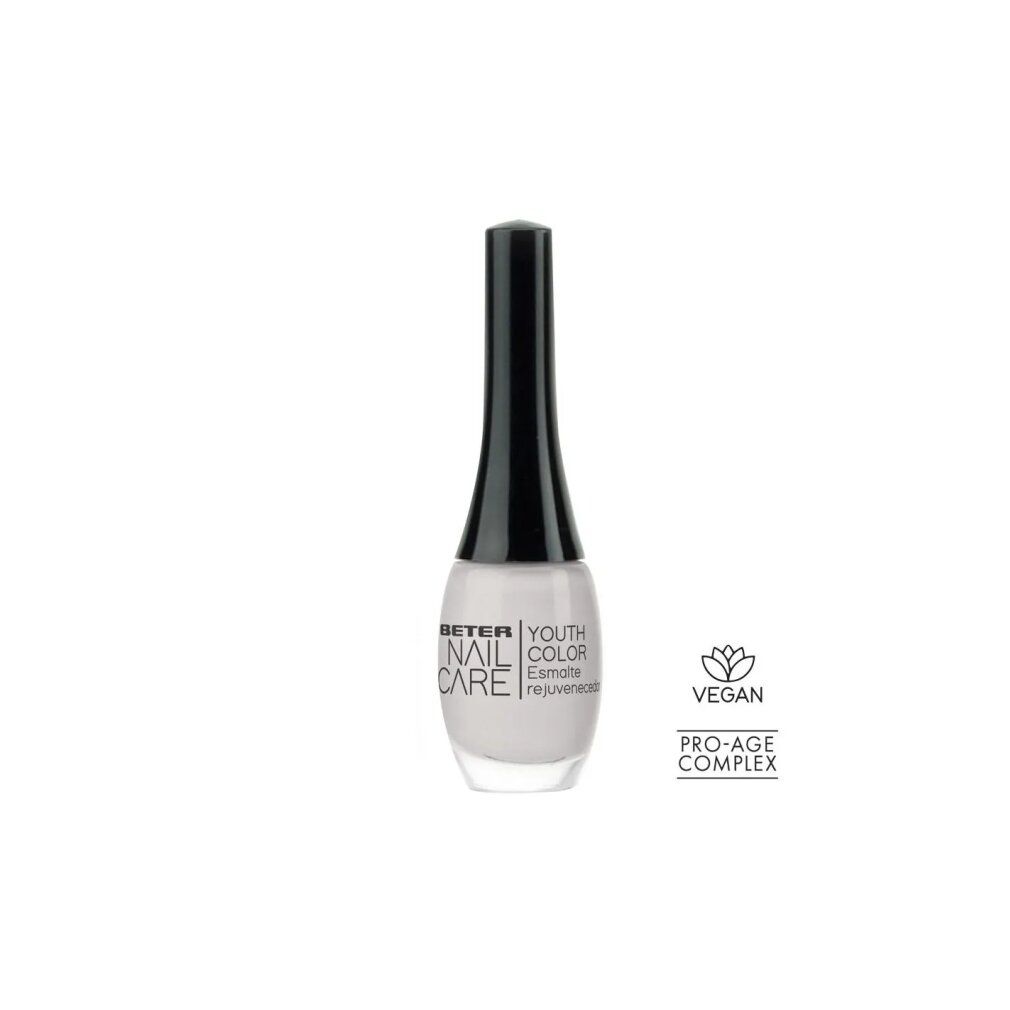 Flacone di smalto con tappo nero. Scritta: Beter Nail Care Youth Color. Sigillo vegano.