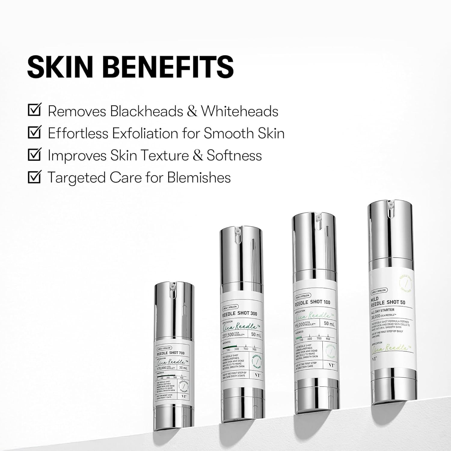 Quattro flaconi VT COSMETICS Reedle Shot. Taglie: 100, 300, 100, 50. Flaconi bianco-argento. Testo: SKIN BENEFITS.