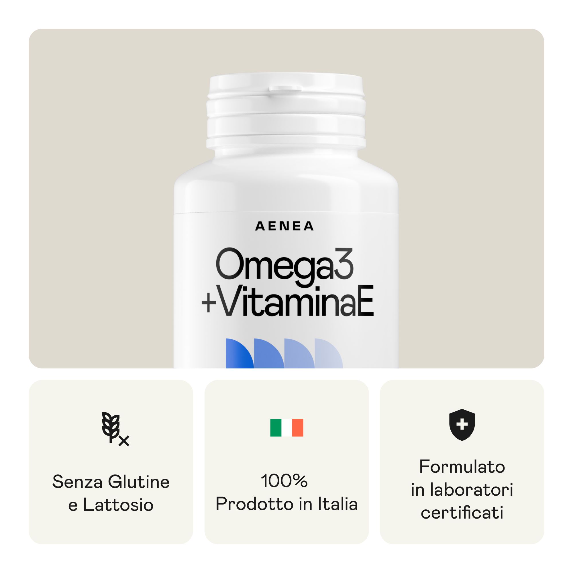 Aenea Omega 3 + Vitamina E. Flacone bianco con testo blu. Senza glutine e lattosio. Prodotto in Italia. Laboratorio certificato.