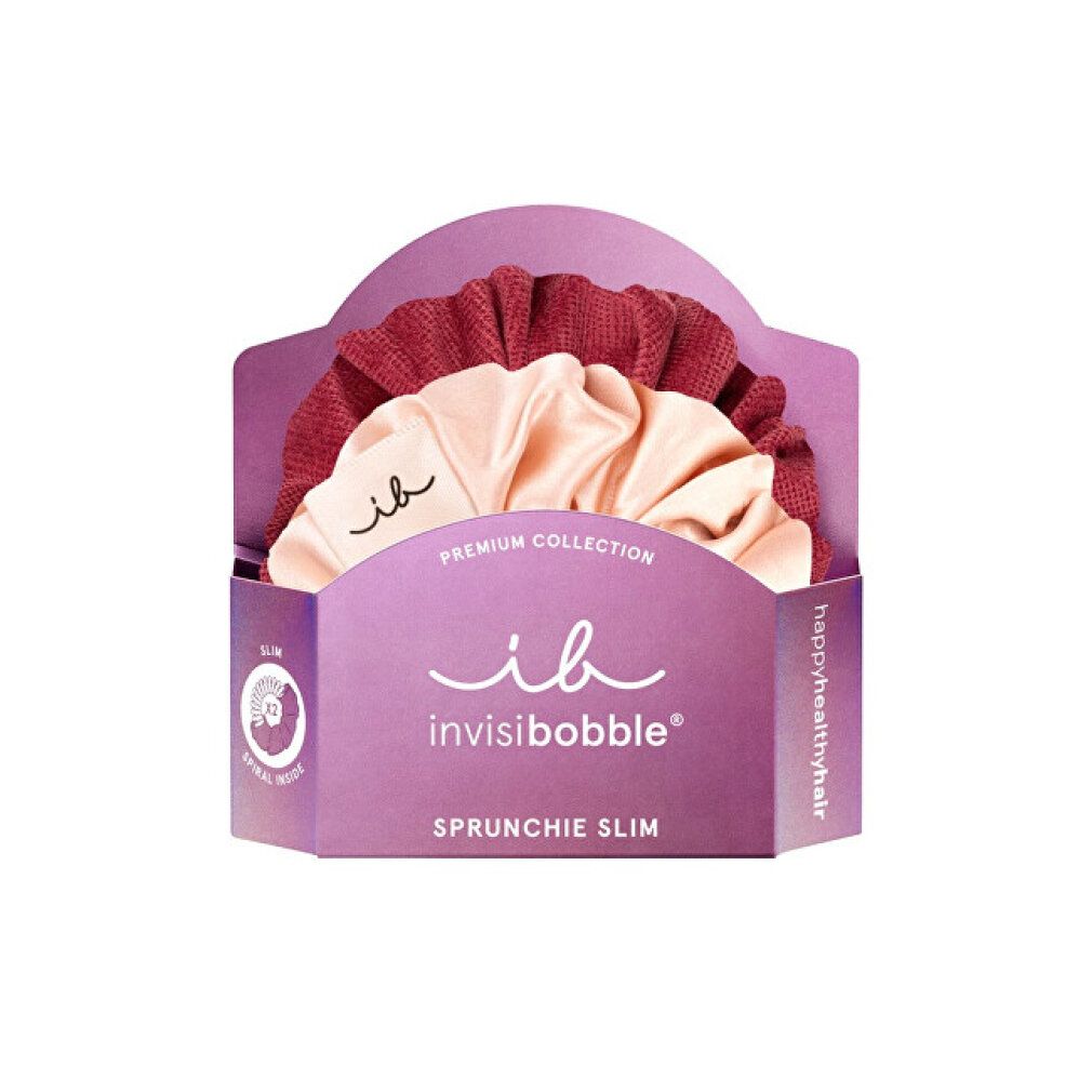 Set di elastici per capelli in confezione viola. Due scrunchies rosa e bordeaux. Marchio: Invisibobble.