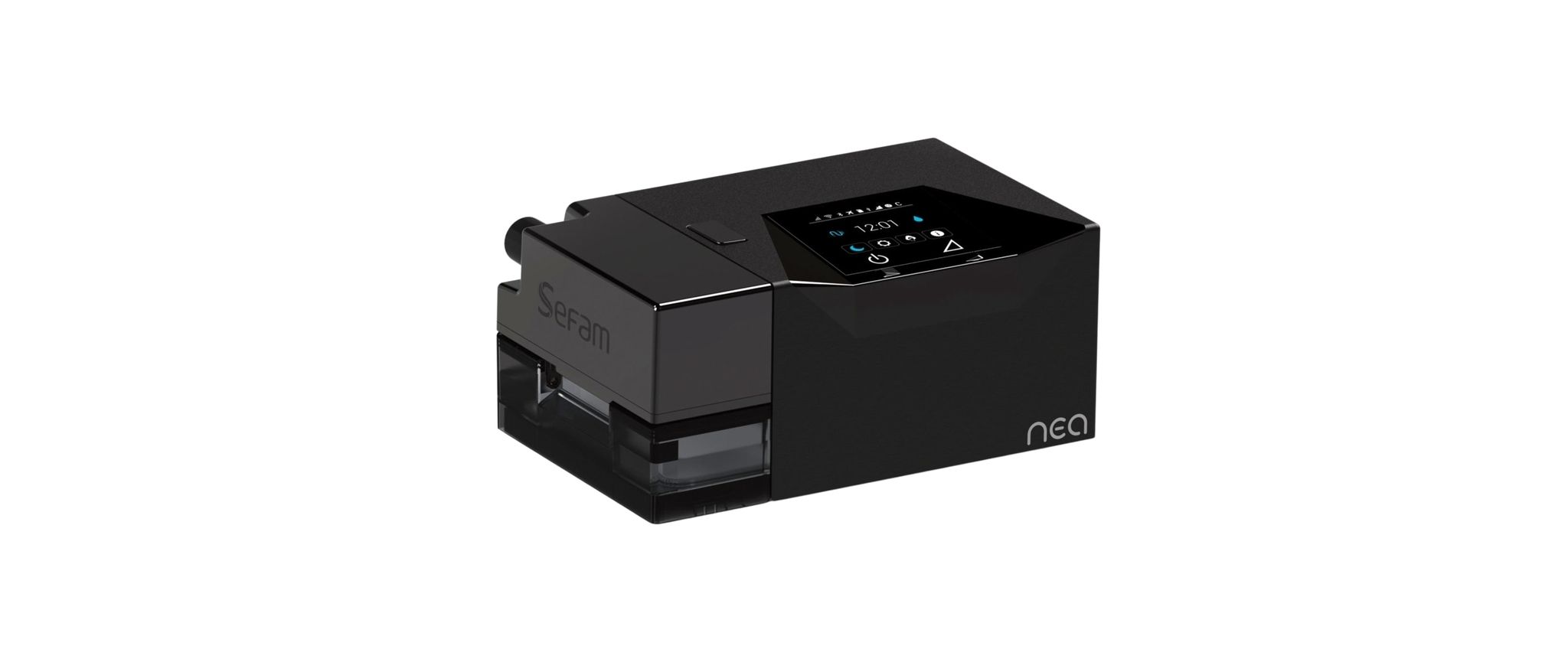 Dispositivo APAP con vano umidificatore integrato e connessione aria laterale.