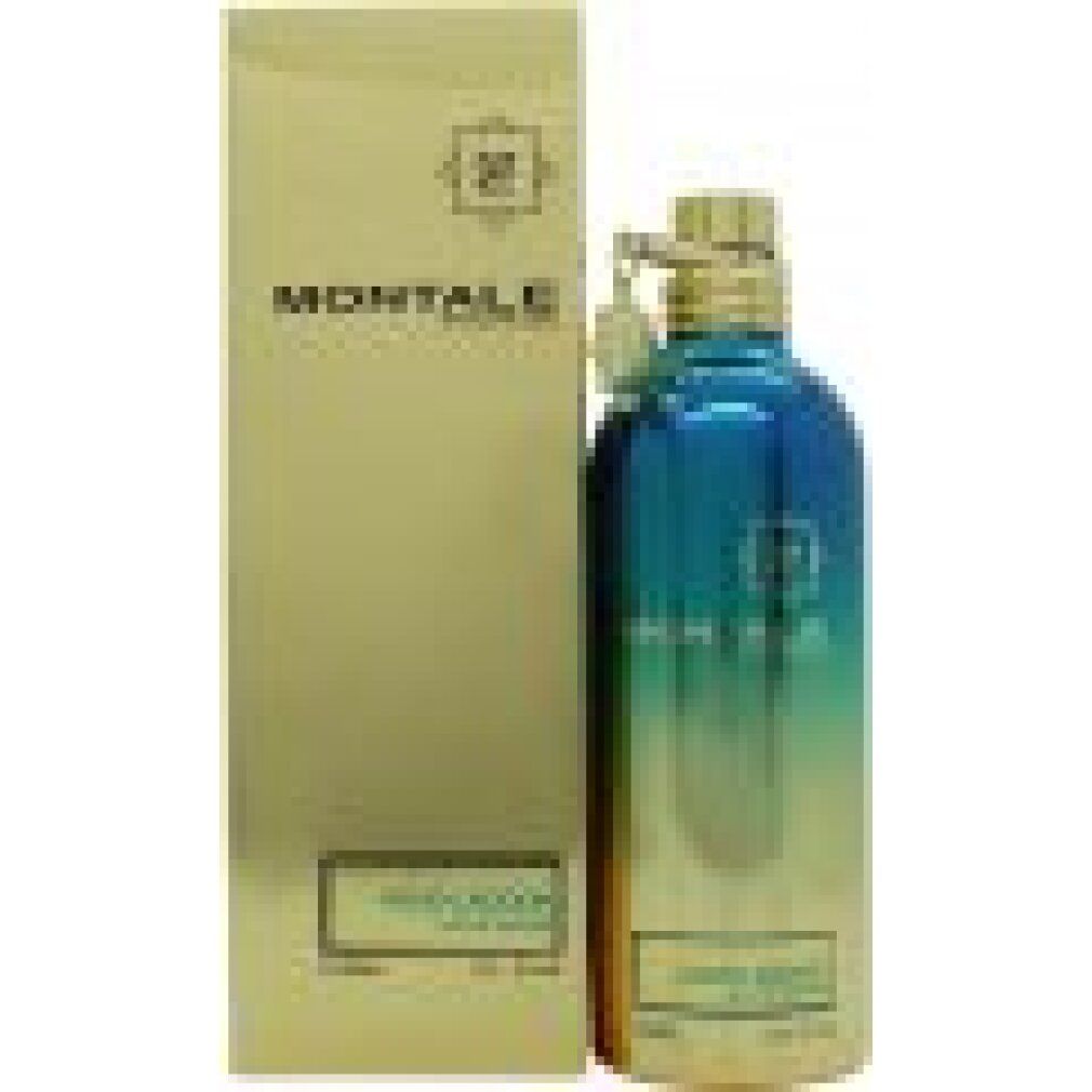 Scatola e flacone dorati. Flacone sfumato blu-oro. Scritta: Montale Paris, Aoud Lagoon.