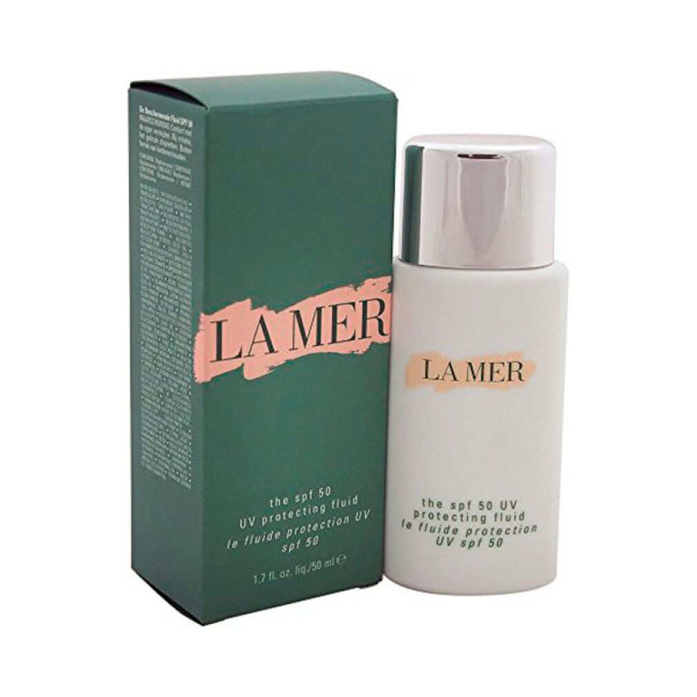 Flacone bianco e confezione verde. Scritta: LA MER, the spf 50 UV protecting fluid.