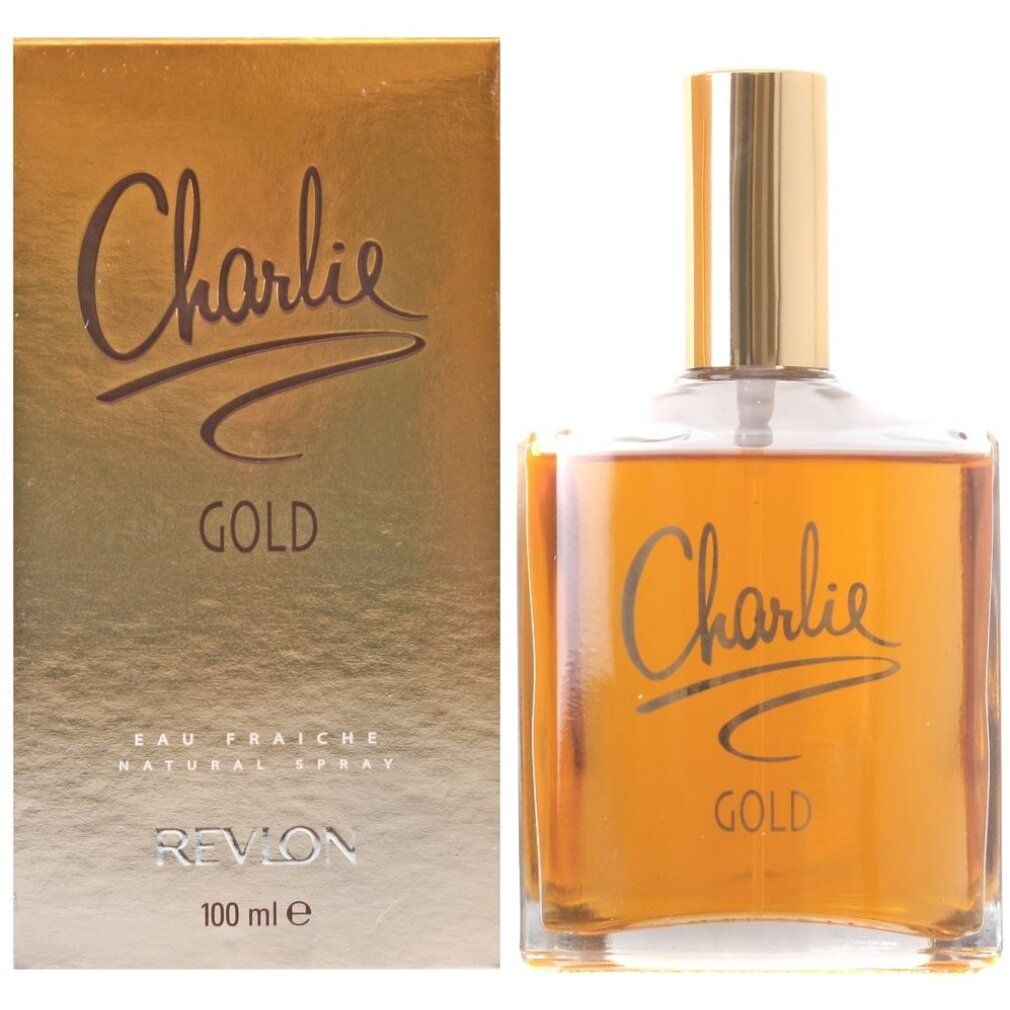 Eau Fraîche dorata Revlon. Flacone con tappo dorato e scritta Charlie Gold. Scatola con scritta e 100 ml.