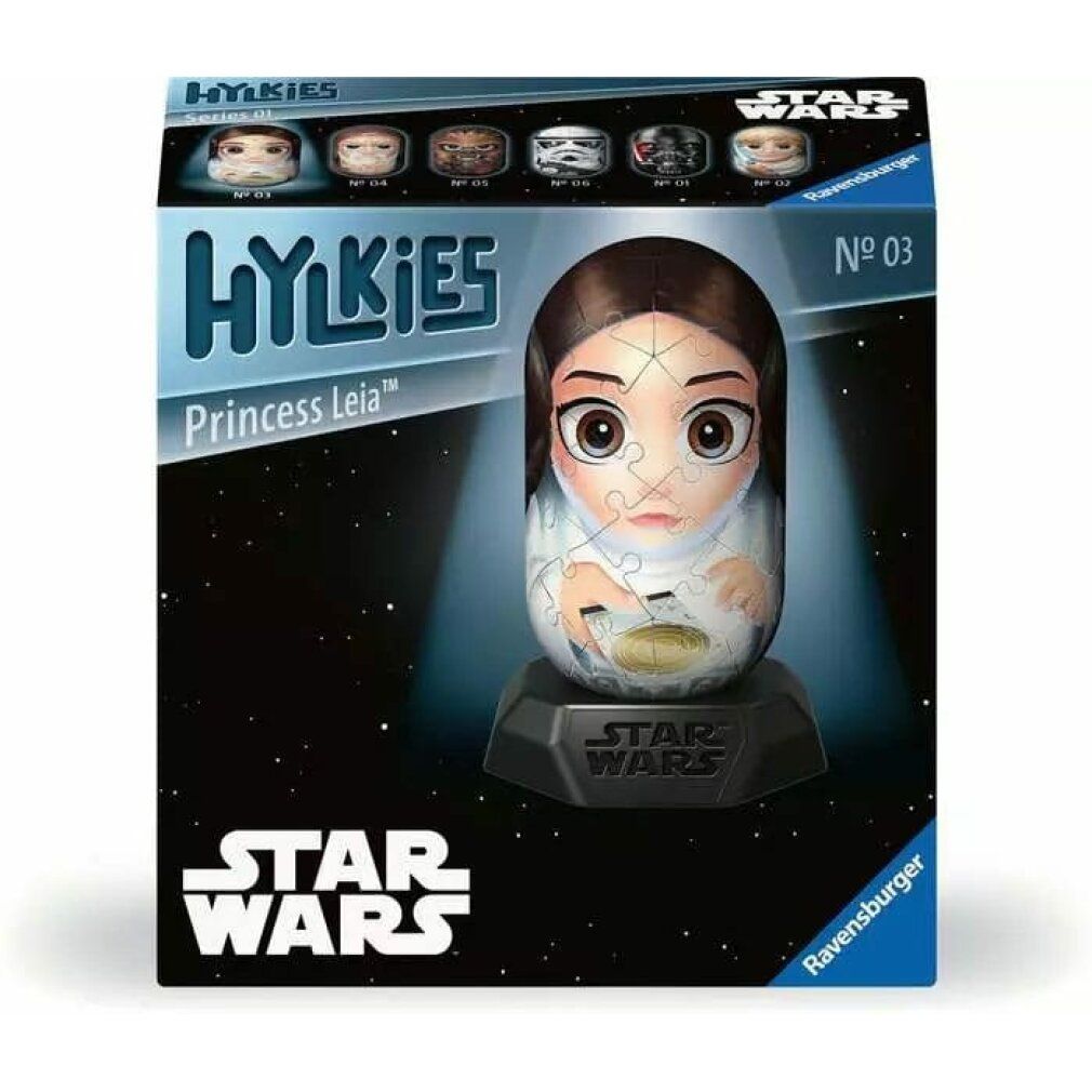 Confezione con puzzle 3D di Principessa Leia. Logo Star Wars e scritta Hylkies. Immagine del puzzle sulla confezione.