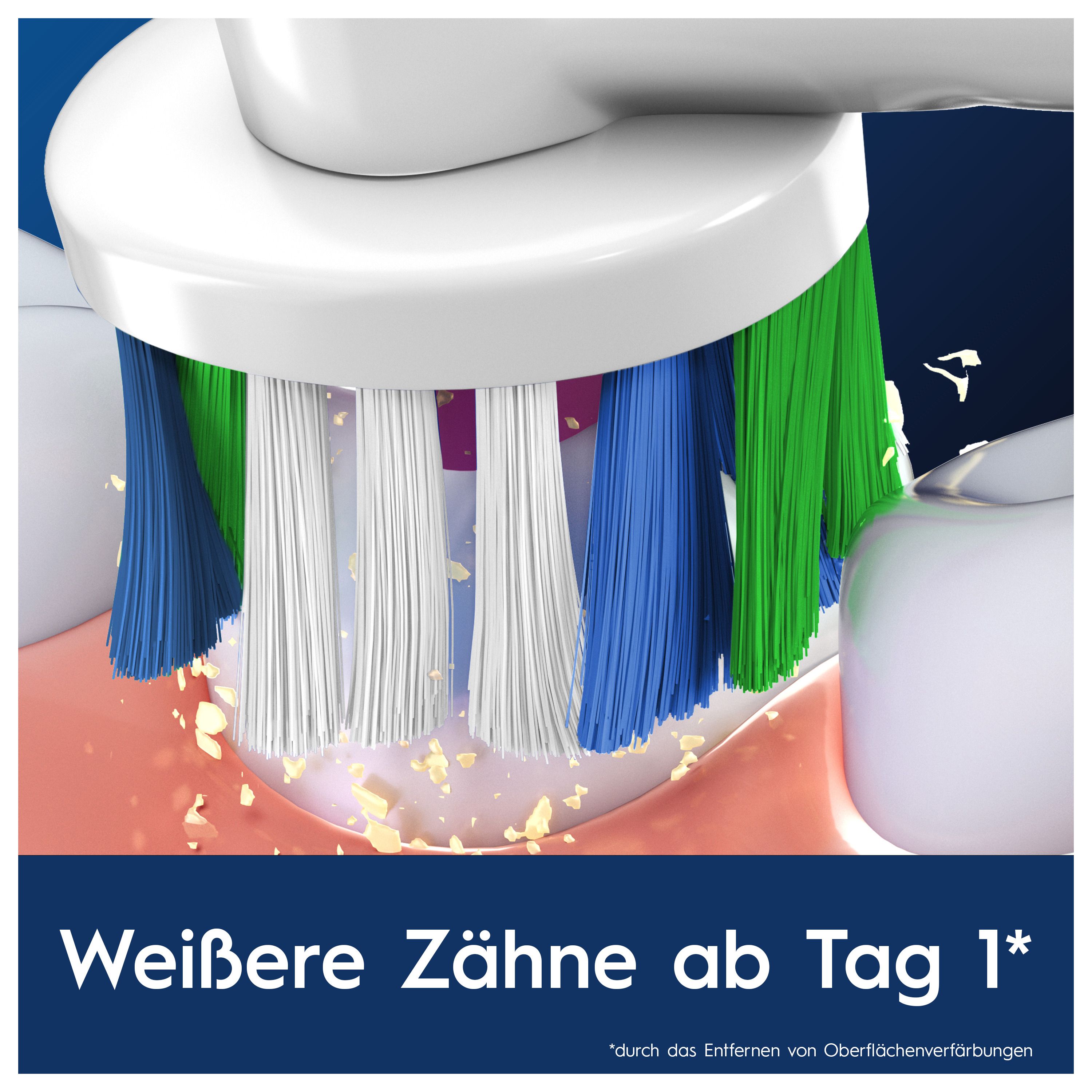Primo piano di uno spazzolino con setole bianche, blu e verdi. Testo: Denti più bianchi dal giorno 1.