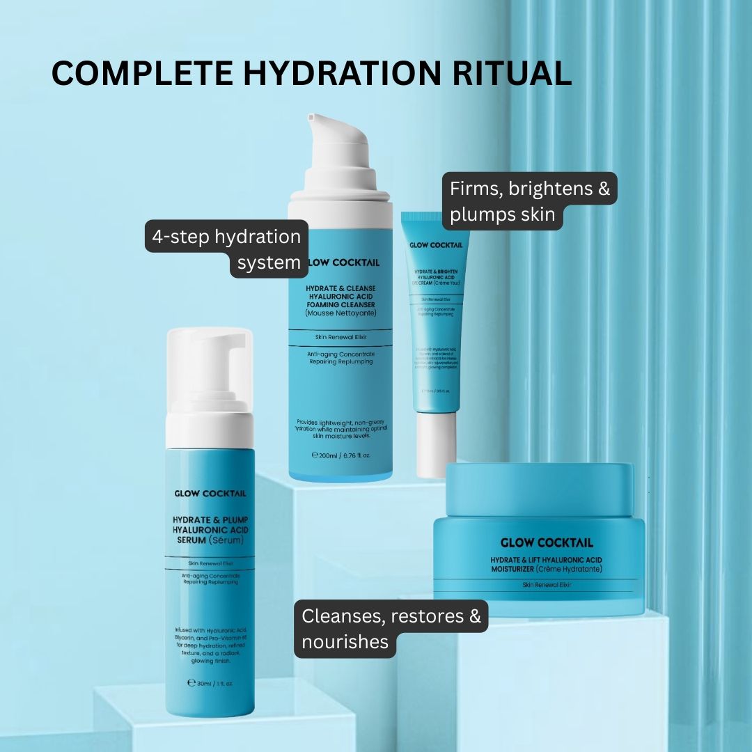 Quattro prodotti Glow Cocktail. Detergente, siero, crema e idratante. Testo: 4-step hydration system. Scritte.
