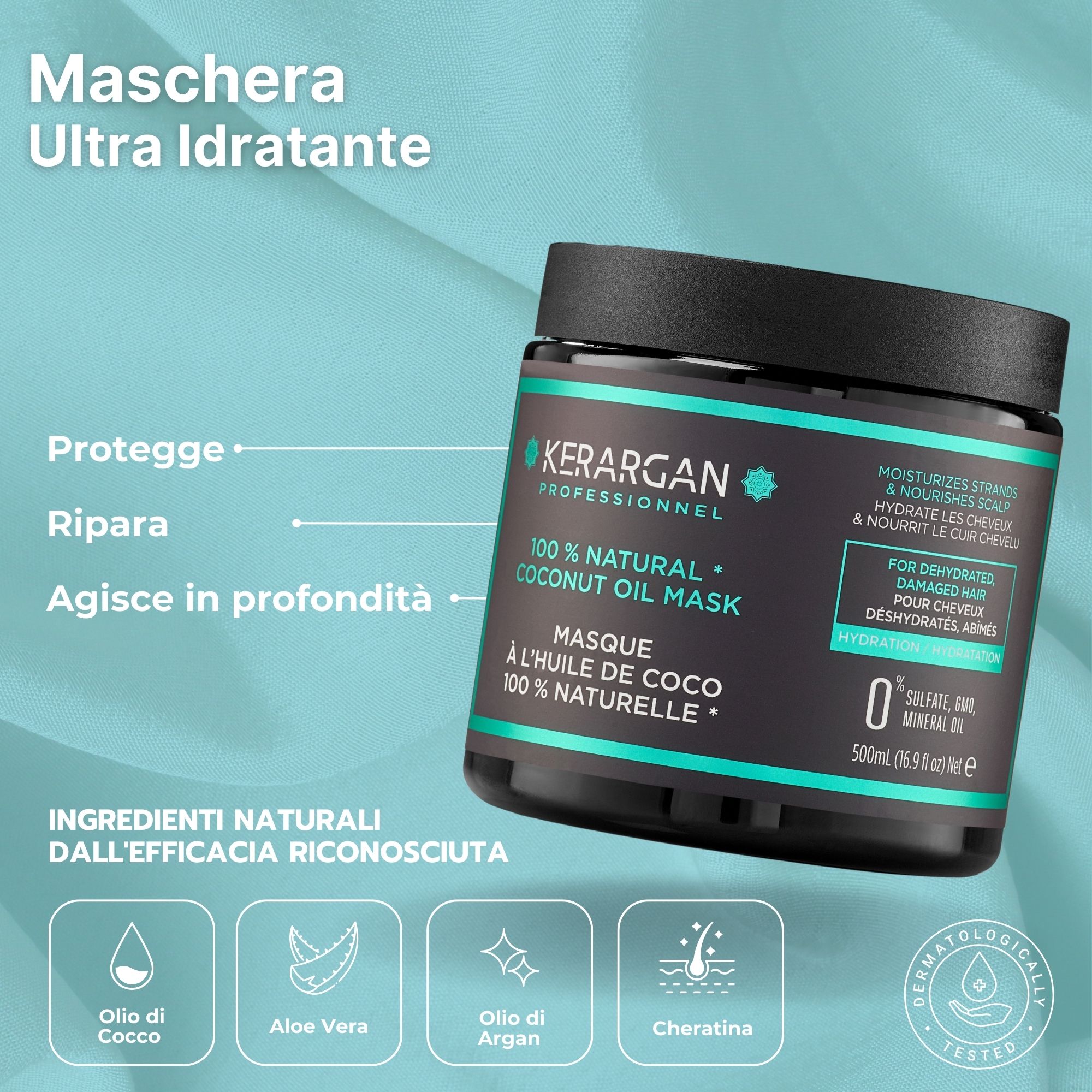 Kerargan - Trio Shampoo, Balsamo & Maschera Olio di Cocco - Capelli Disidratati - Senza solfati, OGM