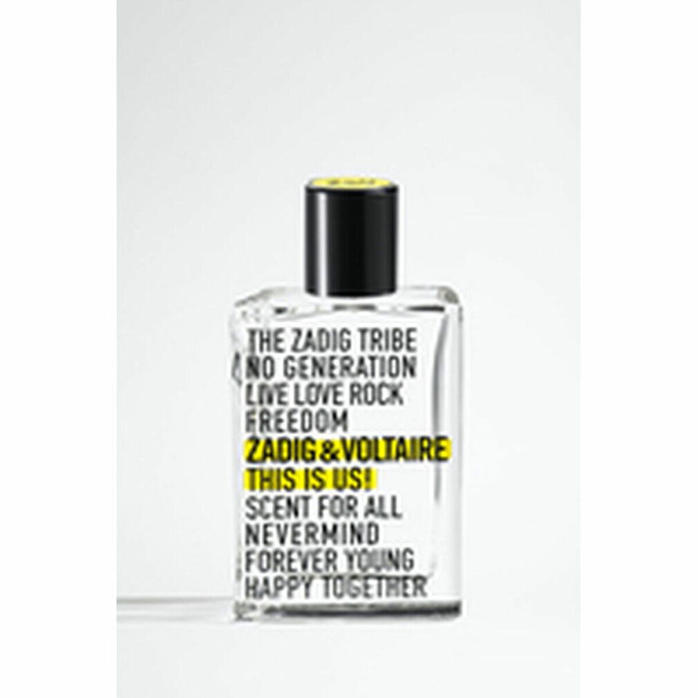 Flacone trasparente con tappo nero. Scritta: Zadig & Voltaire THIS IS US! Scent for All.