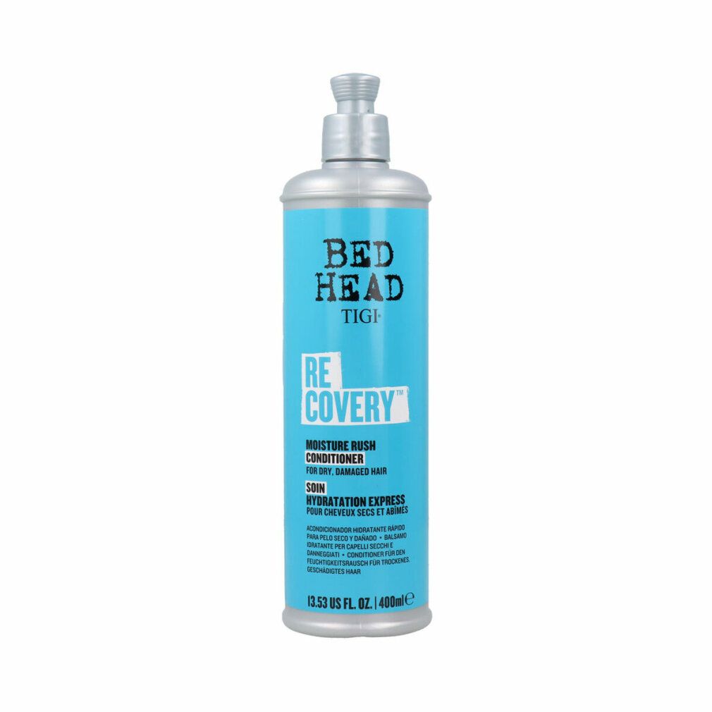Flacone blu con etichetta. Scritto: Bed Head, TIGI, Recovery. Balsamo idratante per capelli secchi e danneggiati. 400ml.