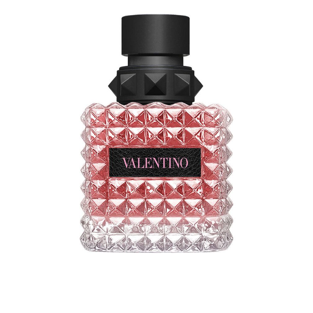 Valentino Born In Roma Eau De Parfum da donna. Flacone trasparente con liquido rosa. Tappo nero. Forma quadrata.