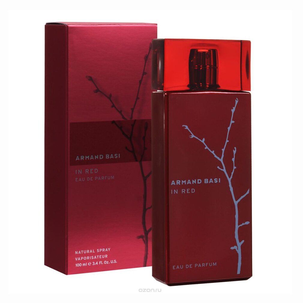 Flacone e scatola rossi. Scritta: Armand Basi In Red. Design ramo grigio. Eau de Parfum. Confezione.