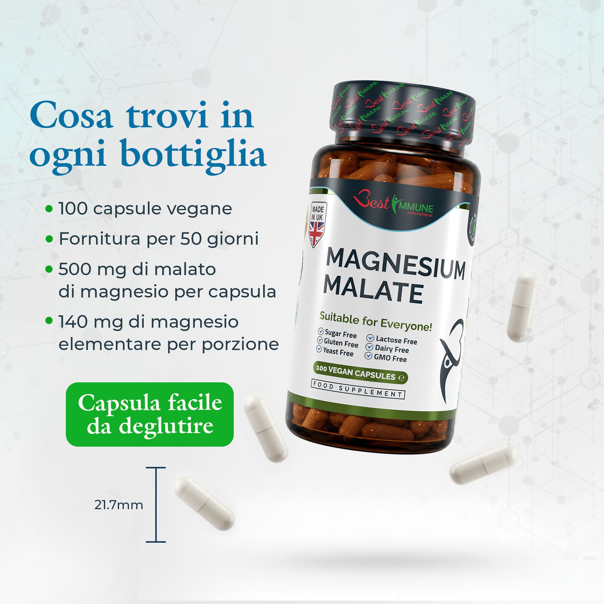Flacone di magnesio malato con elenco di 100 capsule vegane, scorta per 50 giorni, 500mg per capsula, 21.7mm.