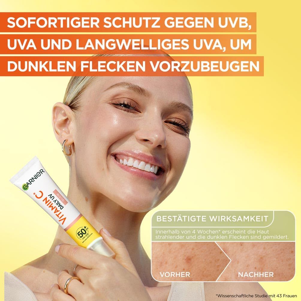 Donna con Garnier Vitamin C. Tubo di crema solare. Testo: Protezione immediata contro UVB, UVA. Efficacia confermata.