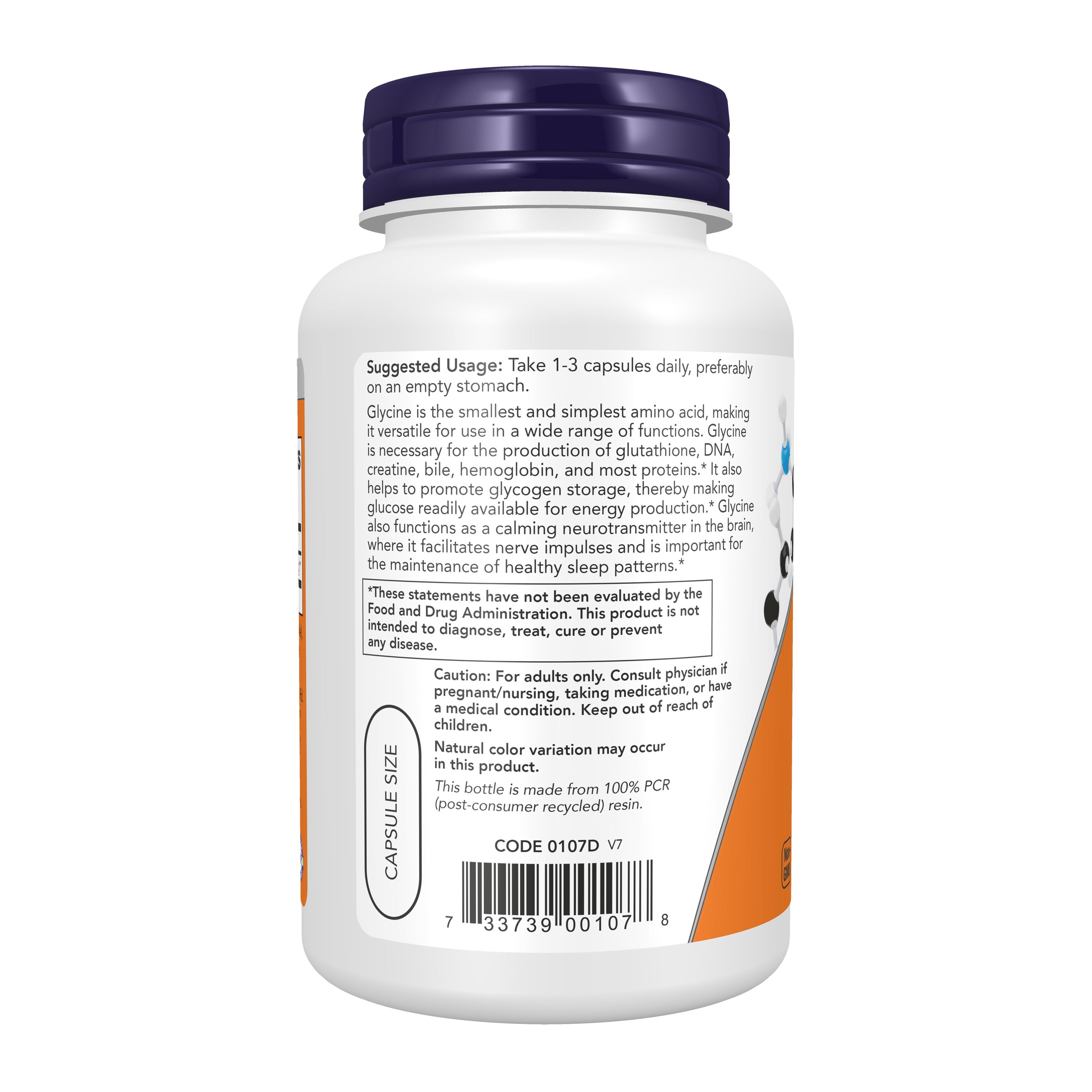 Retro di una bottiglia di capsule di L-Glutamina con informazioni nutrizionali e istruzioni per l'uso.