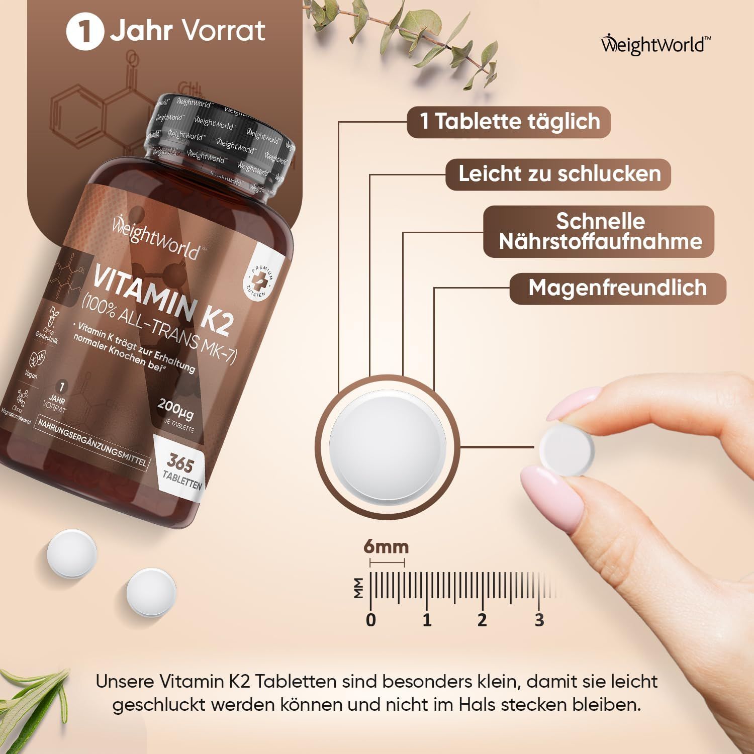 Flacone di compresse. Testo: 1 compressa al giorno, facile da deglutire, rapido assorbimento dei nutrienti, delicato sullo stomaco. Compressa di 6 mm di diametro.