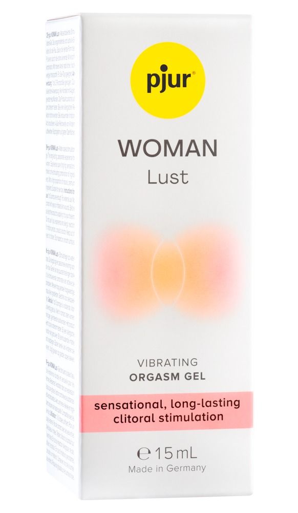 Confezione del prodotto. Scritta: pjur, WOMAN Lust, Vibrating Orgasm Gel. Illustrazione rosa-arancione. 15 ml. Prodotto in Germania.