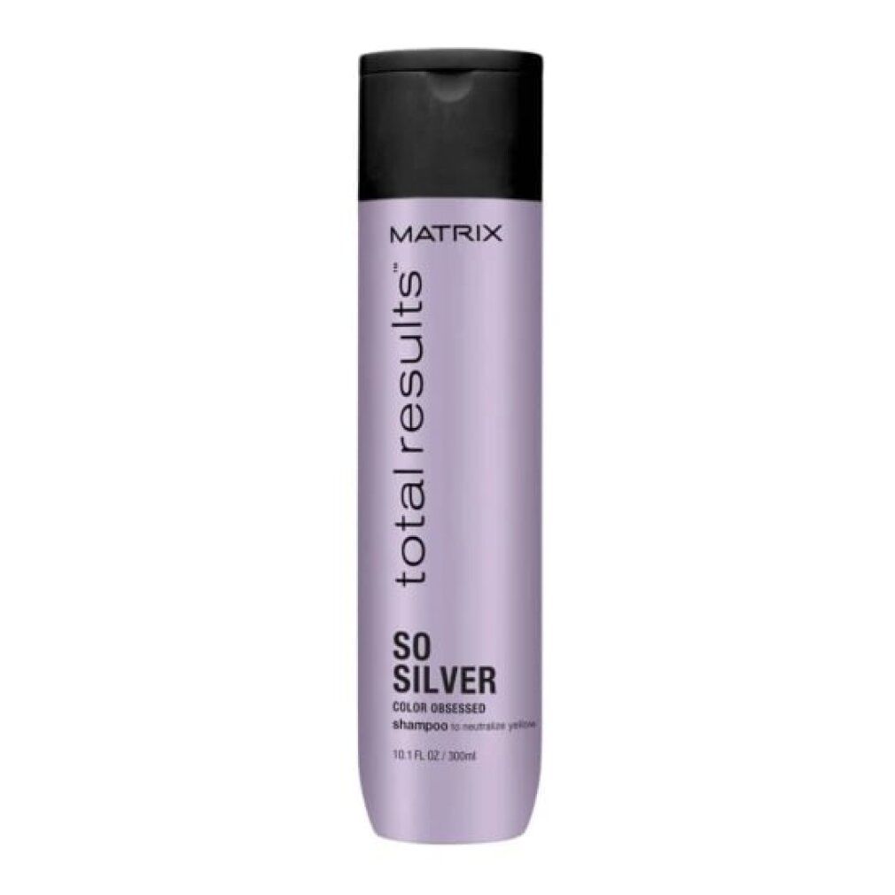 Flacone di shampoo Matrix Total Results So Silver. Flacone viola con tappo nero. Testo: So Silver, Matrix Total Results, Color Obsessed.