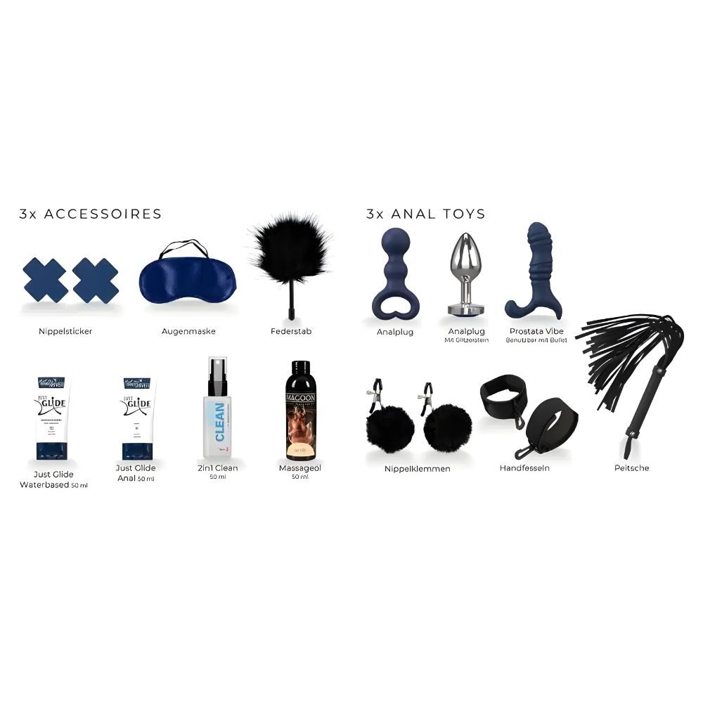 Panoramica dei prodotti con accessori e sex toys. Maschera per gli occhi, piumino, lubrificante, giocattoli anali, frusta.