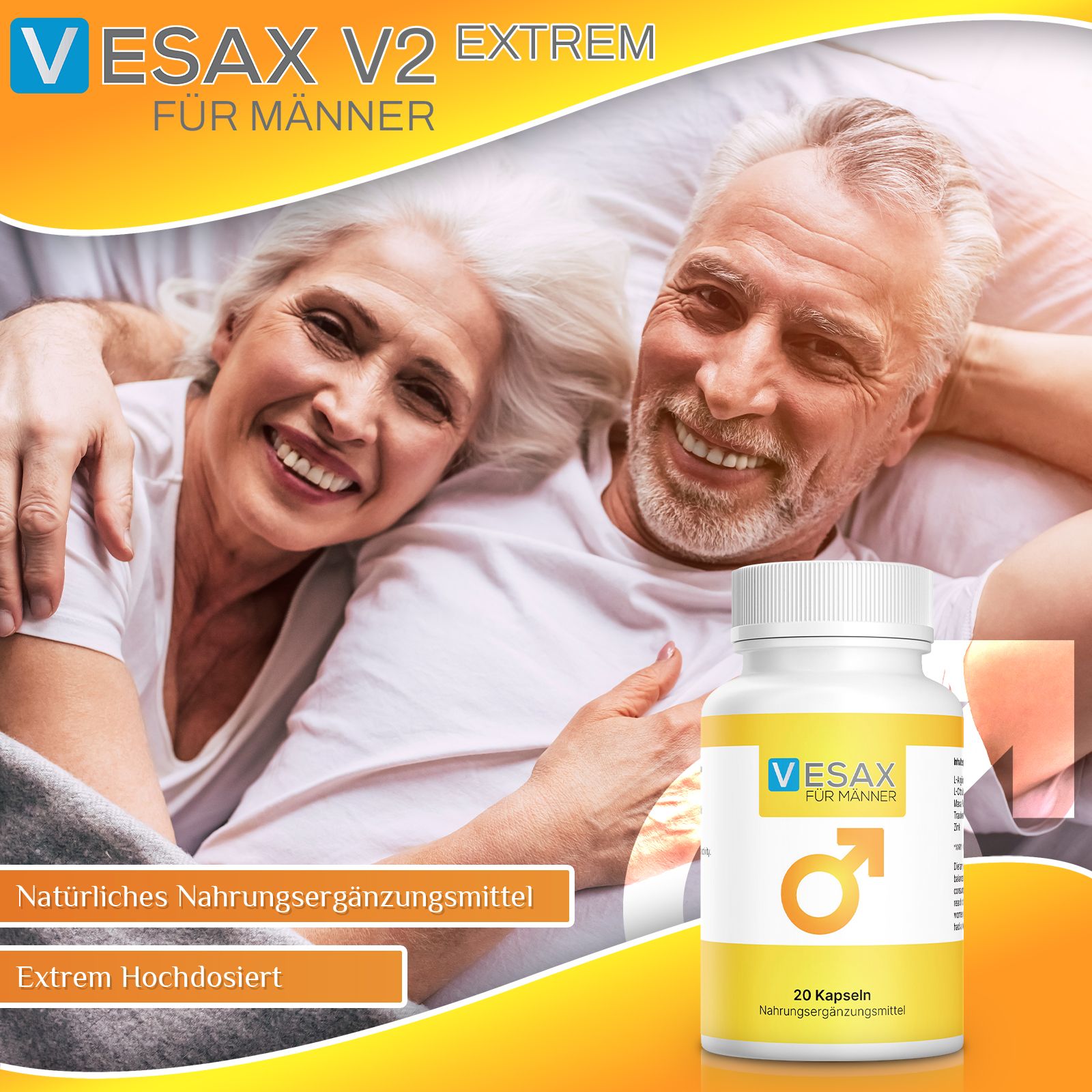 Flacone di Vesax V2 Extrem per uomini con coppia sullo sfondo. Scritta: 20 capsule. Confezione giallo-bianca.