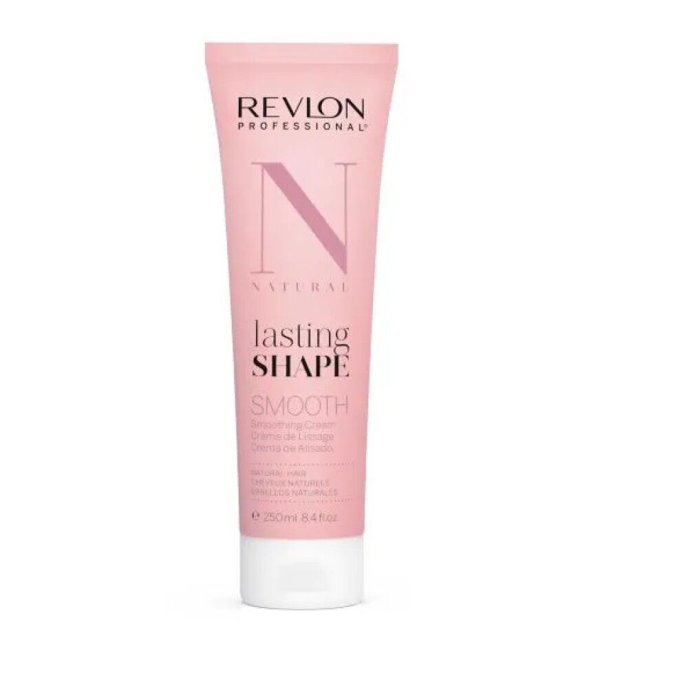 Revlon Lasting Shape Smooth crema per capelli, tubo. Rosa, tappo bianco. Testo: Revlon, Natural, Smooth, 250ml.