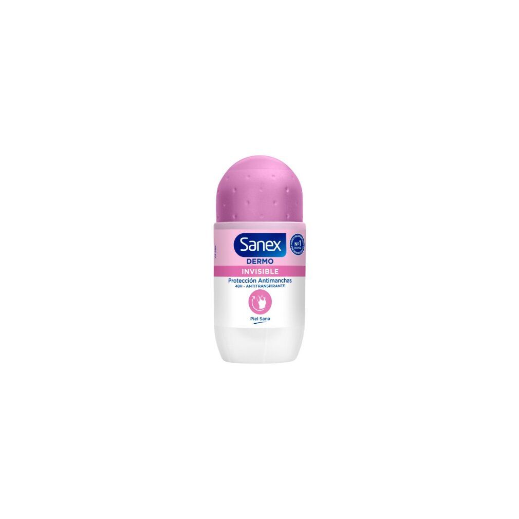 Deodorante roll-on con tappo rosa e flacone bianco. Logo Sanex e indicazioni del prodotto visibili.